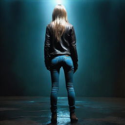 A thin woman in her forties, viewed from behind, with long blonde hair, wearing a brown leather jacket, blue jeans, and black boots