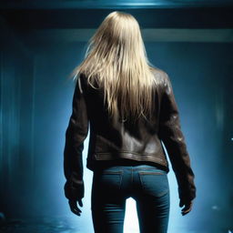 A thin woman in her forties, seen from behind, with long blonde hair flowing down her back