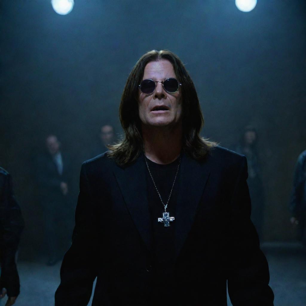 Ozzy Osbourne portrayed in an underworld setting, intertwined with a sci-fi 1960s aesthetic inspired by the movie 'The 10th Victim'. Scene is epic, amazing, and cinematic in a 16:9 aspect ratio.