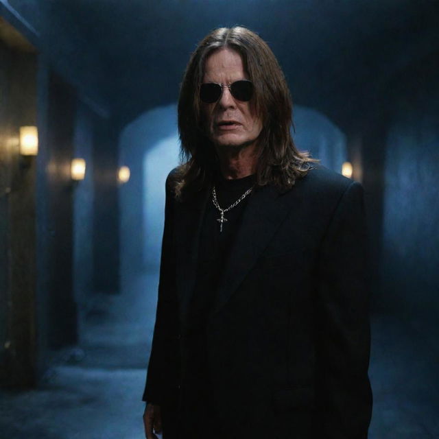 Ozzy Osbourne portrayed in an underworld setting, intertwined with a sci-fi 1960s aesthetic inspired by the movie 'The 10th Victim'. Scene is epic, amazing, and cinematic in a 16:9 aspect ratio.