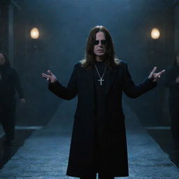 Ozzy Osbourne portrayed in an underworld setting, intertwined with a sci-fi 1960s aesthetic inspired by the movie 'The 10th Victim'. Scene is epic, amazing, and cinematic in a 16:9 aspect ratio.