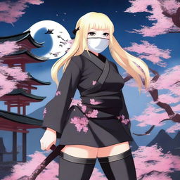 A chubby blonde ninja girl wearing a mask and dressed in opaque black stockings