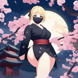 A chubby blonde ninja girl wearing a mask and dressed in opaque black stockings