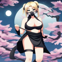 A chubby blonde ninja girl wearing a mask and dressed in opaque black stockings