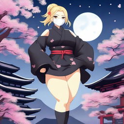 A chubby blonde ninja girl wearing a mask and dressed in opaque black stockings