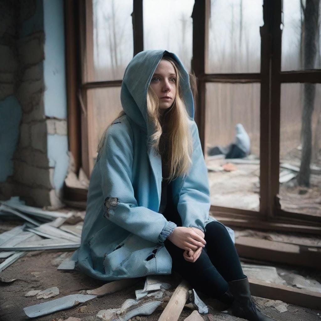 A slim forty-year-old woman with long blond hair, wearing a light blue hooded coat, black jeans, and brown boots