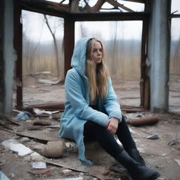 A slim forty-year-old woman with long blond hair, wearing a light blue hooded coat, black jeans, and brown boots