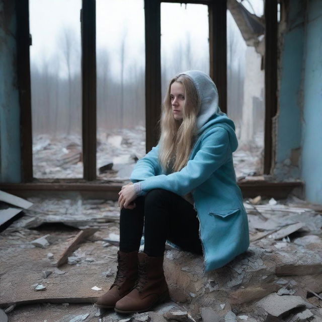 A slim forty-year-old woman with long blond hair, wearing a light blue hooded coat, black jeans, and brown boots