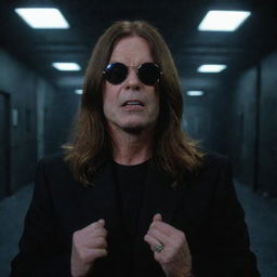 Ozzy Osbourne portrayed in an underworld setting, intertwined with a sci-fi 1960s aesthetic inspired by the movie 'The 10th Victim'. Scene is epic, amazing, and cinematic in a 16:9 aspect ratio.