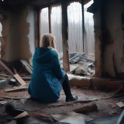 A slim forty-year-old woman with long blonde hair, wearing a blue hooded coat, black jeans, and brown boots