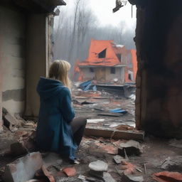 A slim forty-year-old woman with long blonde hair, wearing a blue hooded coat, black jeans, and brown boots