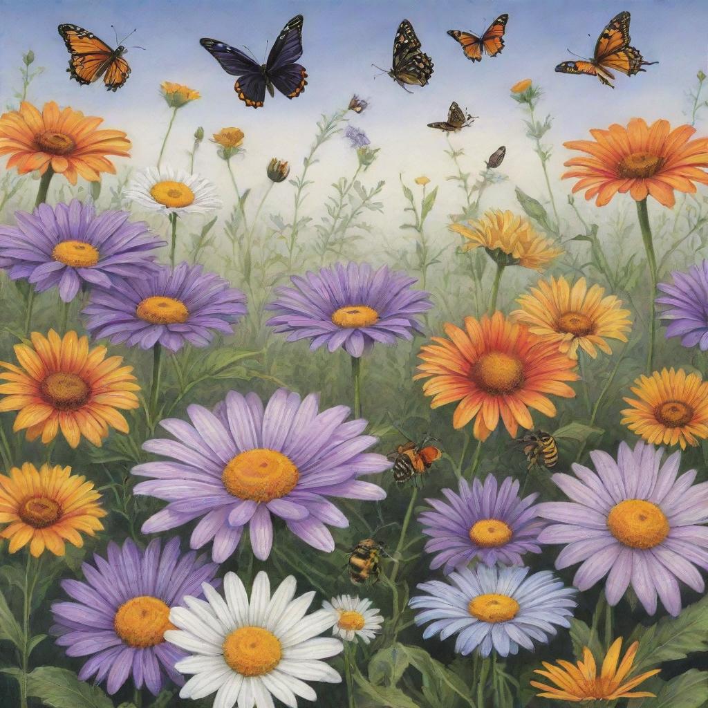 A magical garden with a violet, rose, calendula, lily, and large daisy surrounded by a bush of 11 small daisies. In this scene are a butterfly, three bees, six ants, two worms, a ladybug, and a crow.