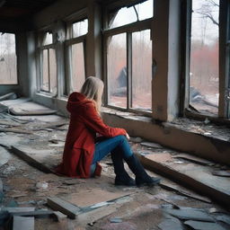 A slim forty-year-old woman with long blonde hair, wearing a blue hooded coat, black jeans, and brown boots