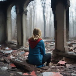 A slim forty-year-old woman with long blonde hair, wearing a blue hooded coat, black jeans, and brown boots