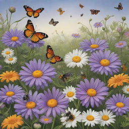 A magical garden with a violet, rose, calendula, lily, and large daisy surrounded by a bush of 11 small daisies. In this scene are a butterfly, three bees, six ants, two worms, a ladybug, and a crow.