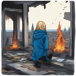 A slim forty-year-old woman with long blonde hair, wearing a blue hooded coat, black jeans, and brown boots