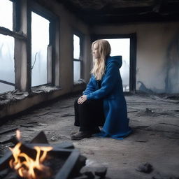 A slim forty-year-old woman with long blonde hair, wearing a blue hooded coat, black jeans, and brown boots