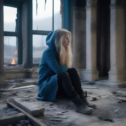 A slim forty-year-old woman with long blonde hair, wearing a blue hooded coat, black jeans, and brown boots