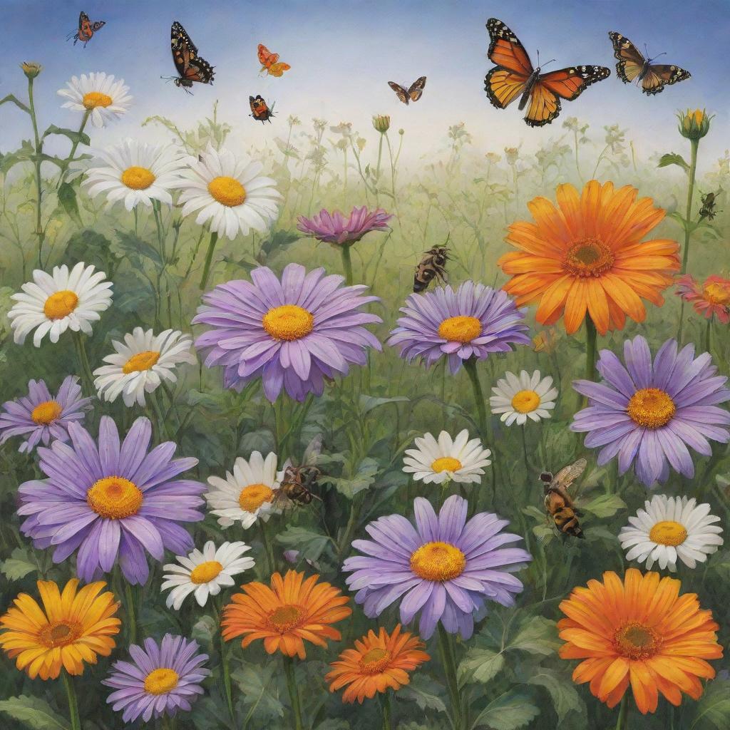 A magical garden with a violet, rose, calendula, lily, and large daisy surrounded by a bush of 11 small daisies. In this scene are a butterfly, three bees, six ants, two worms, a ladybug, and a crow.