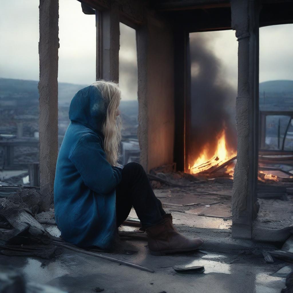 A slim forty-year-old woman with long blonde hair, wearing a blue hooded coat, black jeans, and brown boots