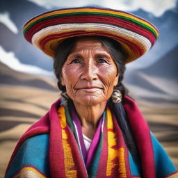 A detailed portrait of a Peruvian woman wearing traditional clothing, including a colorful woven shawl and a hat