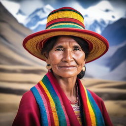 A detailed portrait of a Peruvian woman wearing traditional clothing, including a colorful woven shawl and a hat