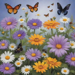 A magical garden with a violet, rose, calendula, lily, and large daisy surrounded by a bush of 11 small daisies. In this scene are a butterfly, three bees, six ants, two worms, a ladybug, and a crow.