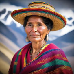 A detailed portrait of a Peruvian woman wearing traditional clothing, including a colorful woven shawl and a hat