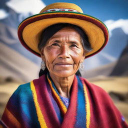 A detailed portrait of a Peruvian woman wearing traditional clothing, including a colorful woven shawl and a hat