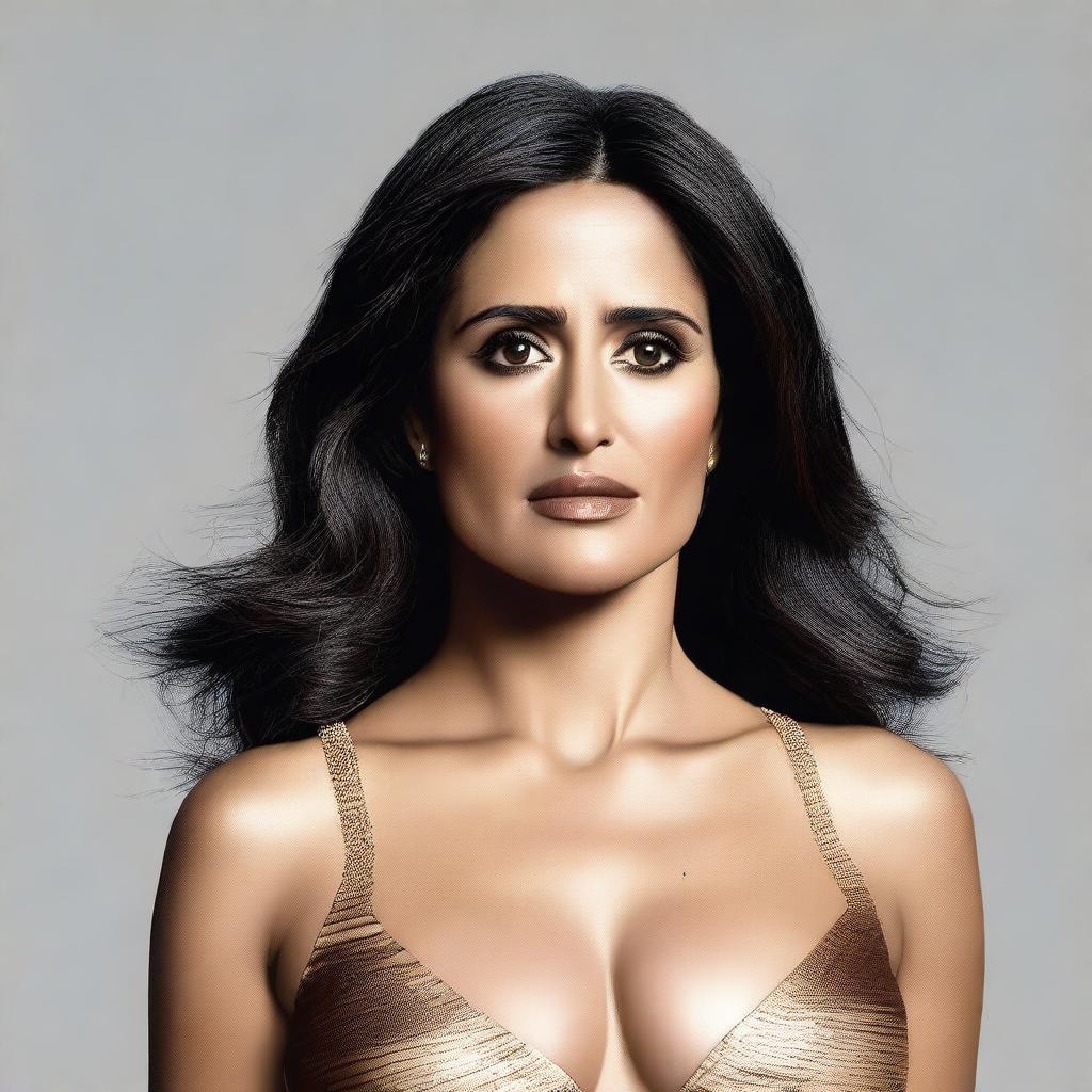 A realistic, high-resolution image of Salma Hayek with an emphasis on her physical appearance.