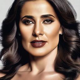 A realistic, high-resolution image of Salma Hayek with an emphasis on her physical appearance.