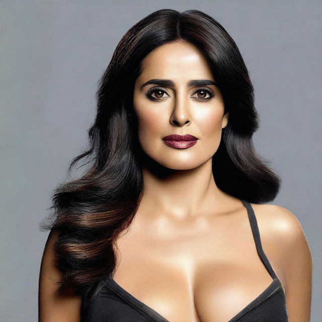 A realistic, high-resolution image of Salma Hayek with an emphasis on her physical appearance.