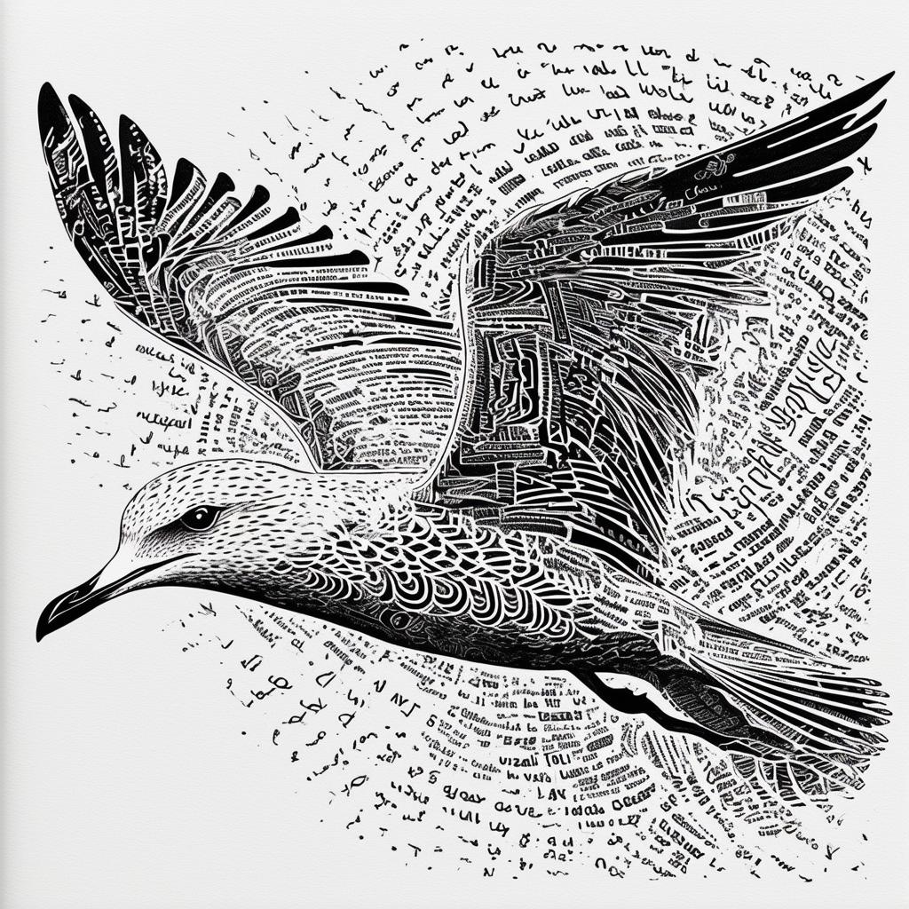 An intricate black and white ink drawing of a seagull in flight, composed entirely of the word 'seagull' repeated to form the shape and details of the bird