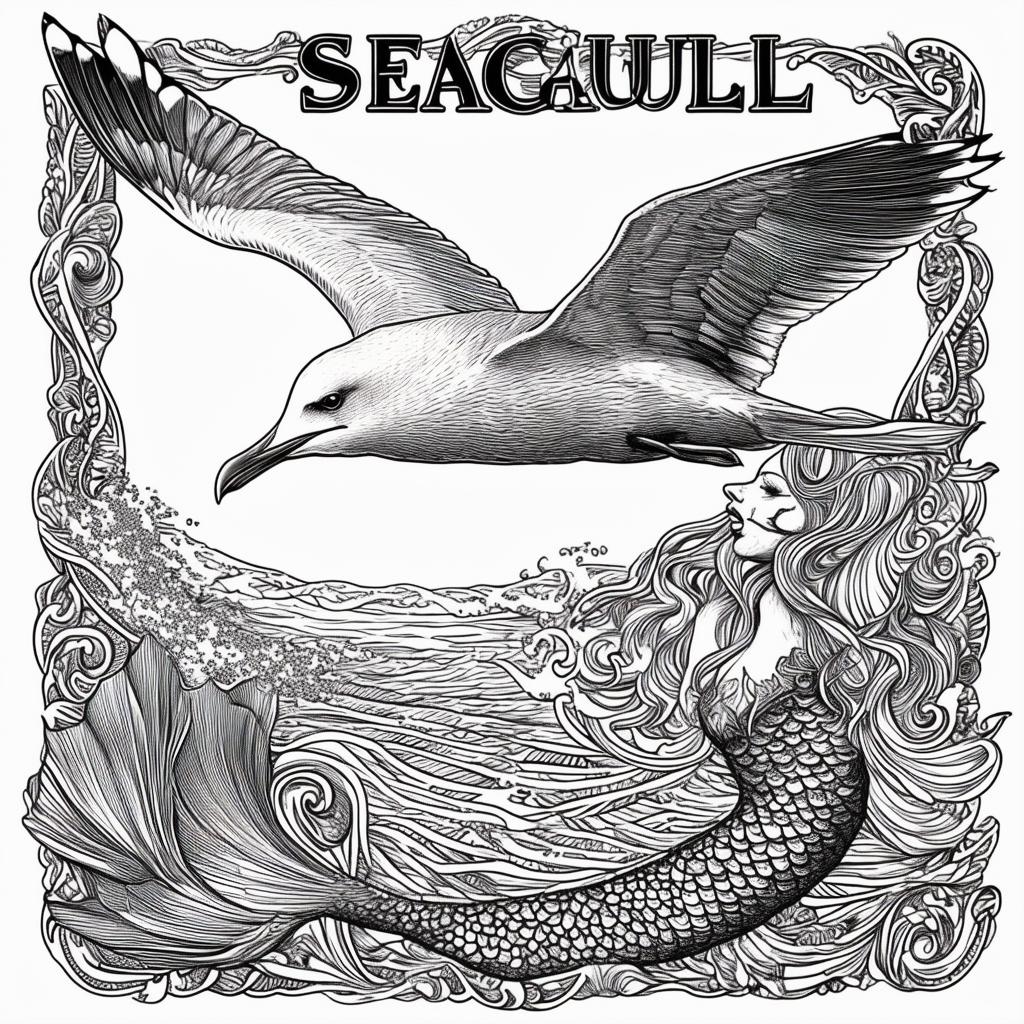 An intricate black and white ink drawing featuring a seagull in flight and a mermaid, both composed of the words 'seagull' and 'mermaid' respectively