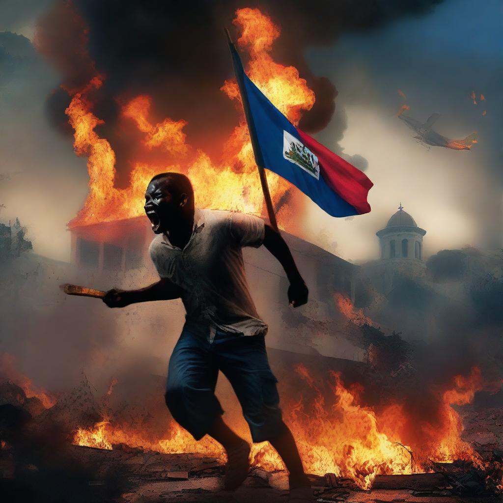 Create a movie poster titled 'The Rise and Fall of Haiti' featuring a dramatic scene with the Haitian flag burning and an island on fire in the background