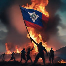 Create a movie poster titled 'The Rise and Fall of Haiti' featuring a dramatic scene with the Haitian flag burning and an island on fire in the background