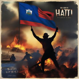 Create a movie poster titled 'The Rise and Fall of Haiti' featuring a dramatic scene with the Haitian flag burning and an island on fire in the background