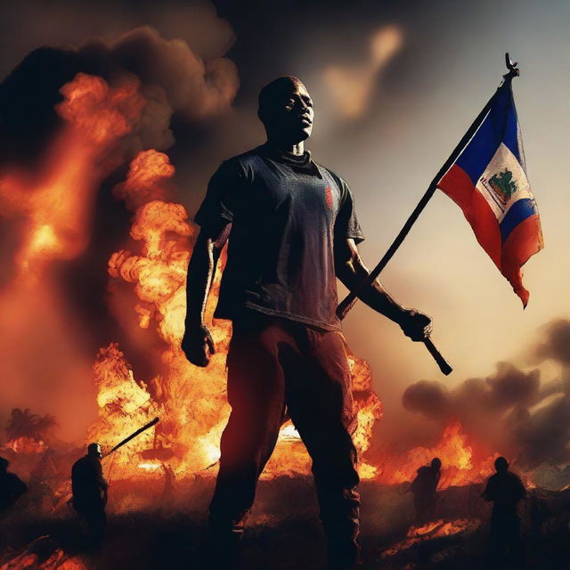 Create a movie poster titled 'The Rise and Fall of Haiti' featuring a dramatic scene with the Haitian flag burning and an island on fire in the background