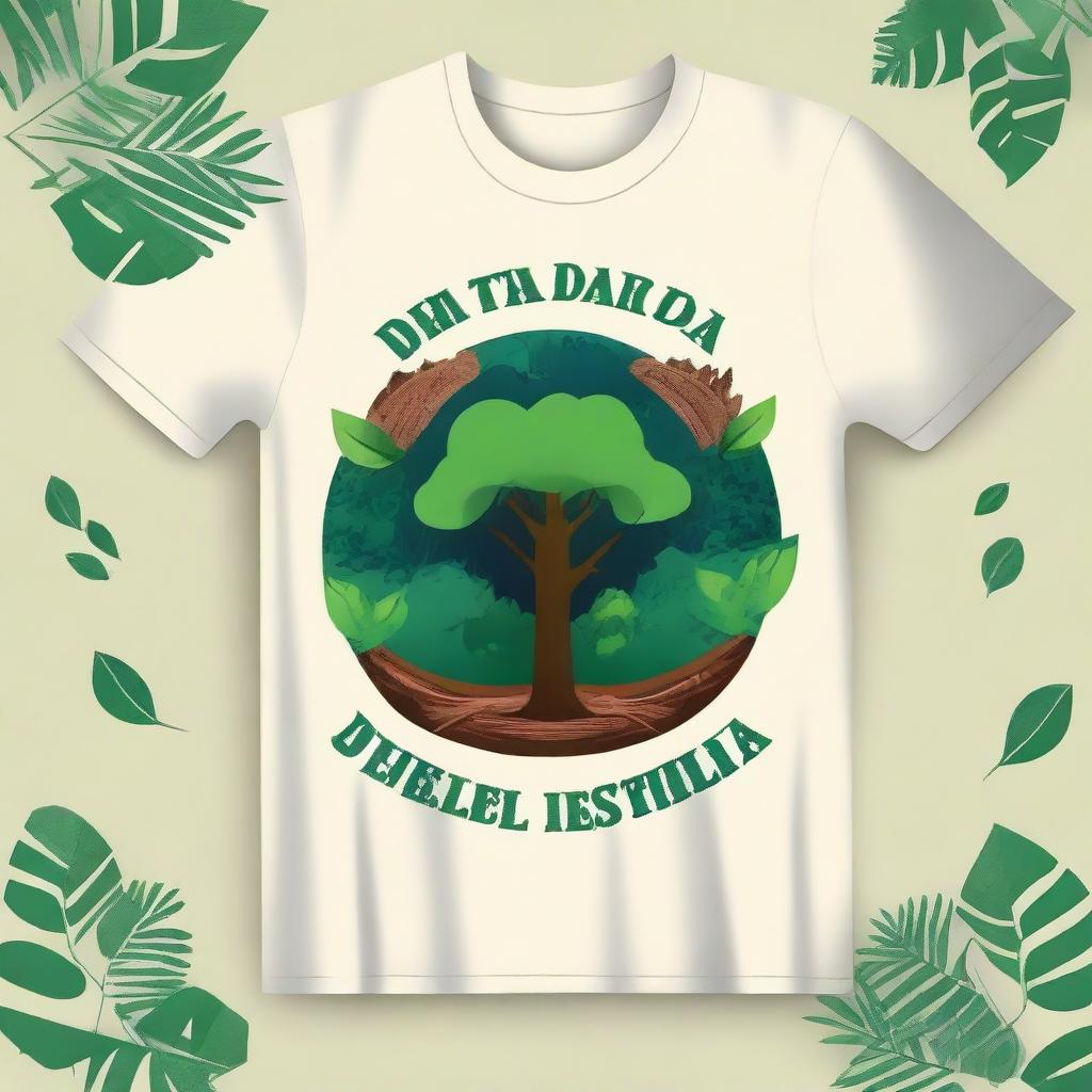 Create a t-shirt design for the event 'Dia D – Tecnologia na Escola' using green, blue, and brown colors to represent nature