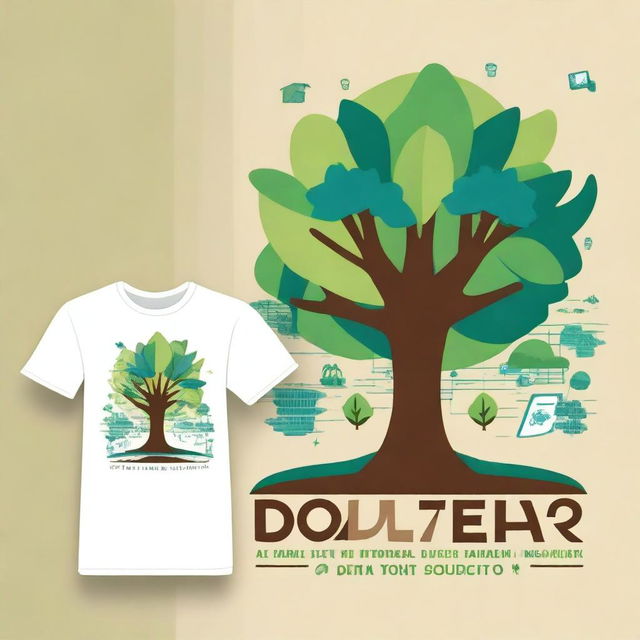 Create a t-shirt design for the event 'Dia D – Tecnologia na Escola' using green, blue, and brown colors to represent nature