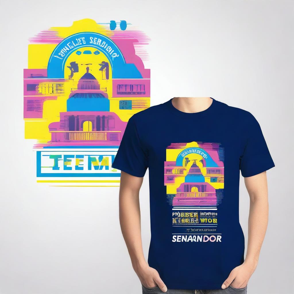 Create a t-shirt design for 'EEEFM Senador Dirceu Cardoso' using blue, pink, and yellow colors to represent the school's identity