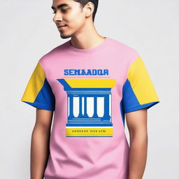 Create a t-shirt design for 'EEEFM Senador Dirceu Cardoso' using blue, pink, and yellow colors to represent the school's identity