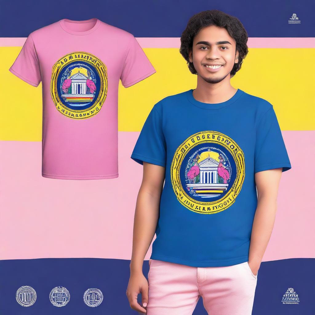 Create a t-shirt design for 'EEEFM Senador Dirceu Cardoso' using blue, pink, and yellow colors to represent the school's identity