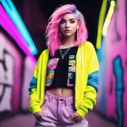 A stylish egirl with colorful hair, wearing trendy clothes, and posing with a confident attitude