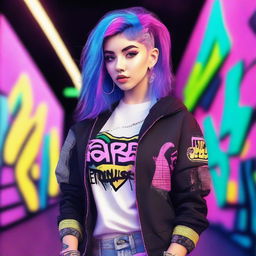 A stylish egirl with colorful hair, wearing trendy clothes, and posing with a confident attitude