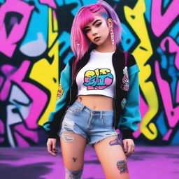 A stylish egirl with colorful hair, wearing trendy clothes, and posing with a confident attitude