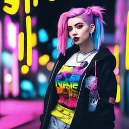 A stylish egirl with colorful hair, wearing trendy clothes, and posing with a confident attitude