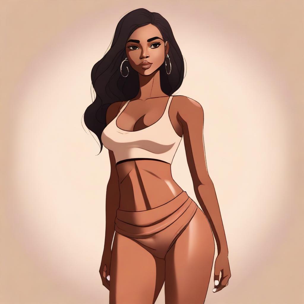 A digital illustration of a girl with brown skin, 46-inch hips, 27-inch waist, and 39-inch breast