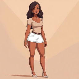 A digital illustration of a girl with brown skin, 46-inch hips, 27-inch waist, and 39-inch breast