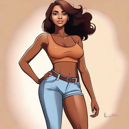 A digital illustration of a girl with brown skin, 46-inch hips, 27-inch waist, and 39-inch breast